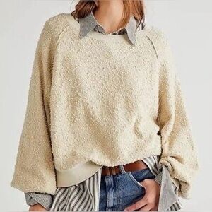 Free People Found My Friend Cream Balloon Sleeve Textured Knit Sweater Small